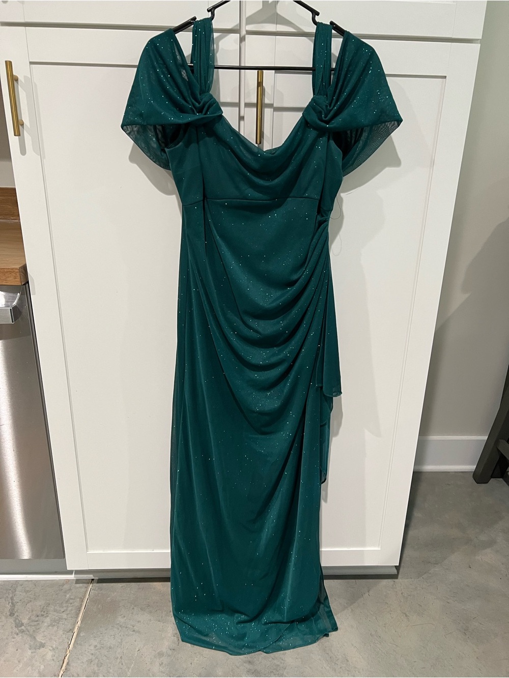 Alex Evenings Emerald Green Draped Off-Shoulder Maxi Gown